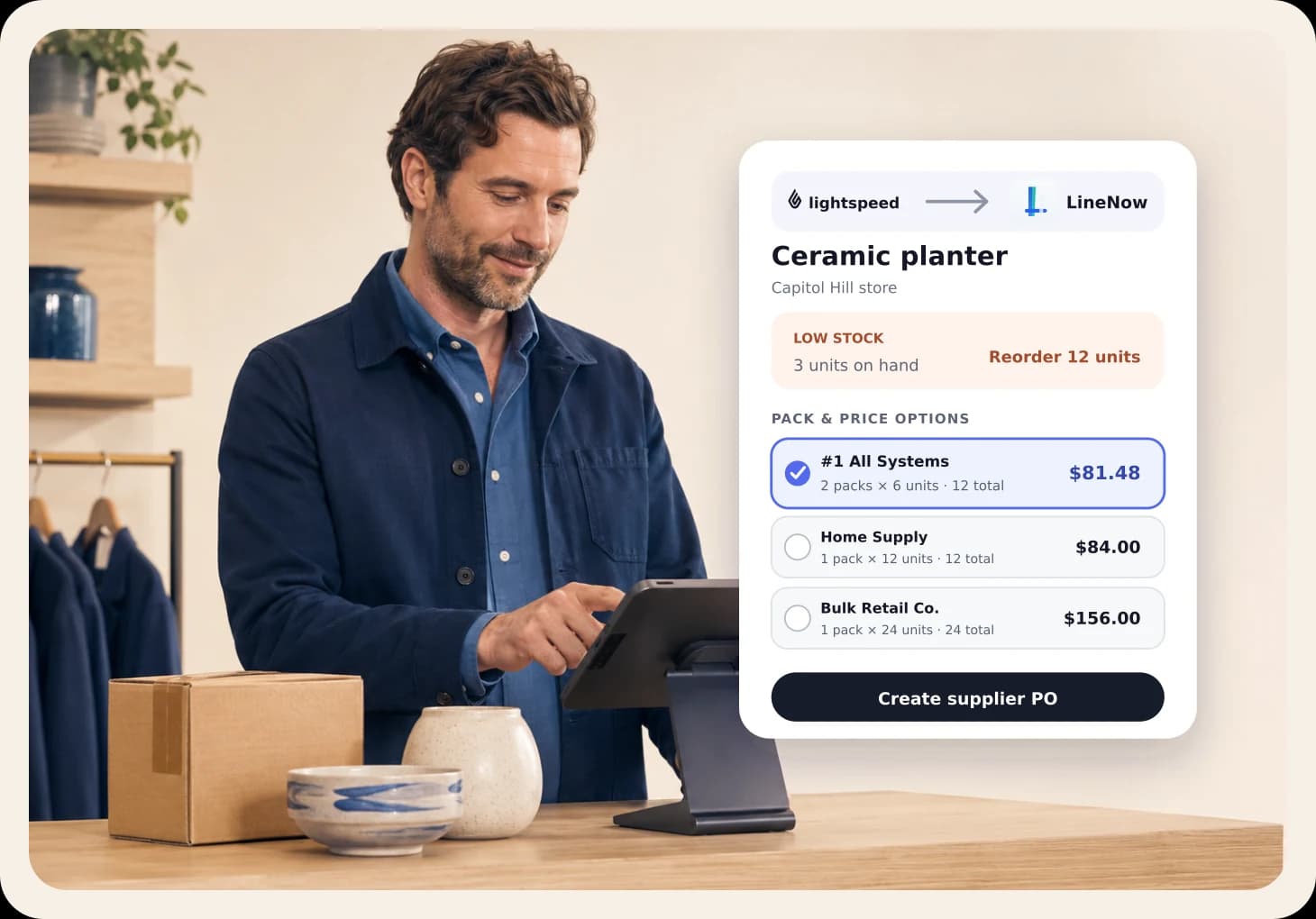 A retailer comparing supplier pack sizes and prices in LineNow using low-stock data from Lightspeed