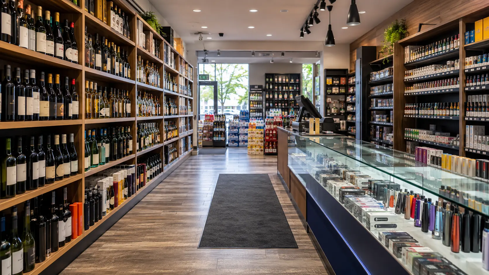A well-stocked independent liquor and smoke shop with a vape accessories counter
