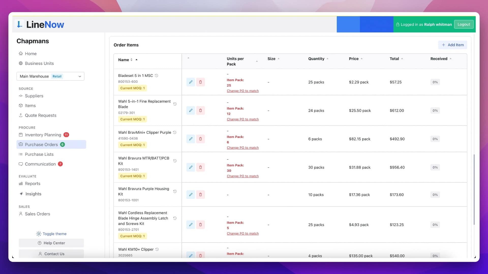LineNow purchase order workspace showing supplier, item, quantity, and order details