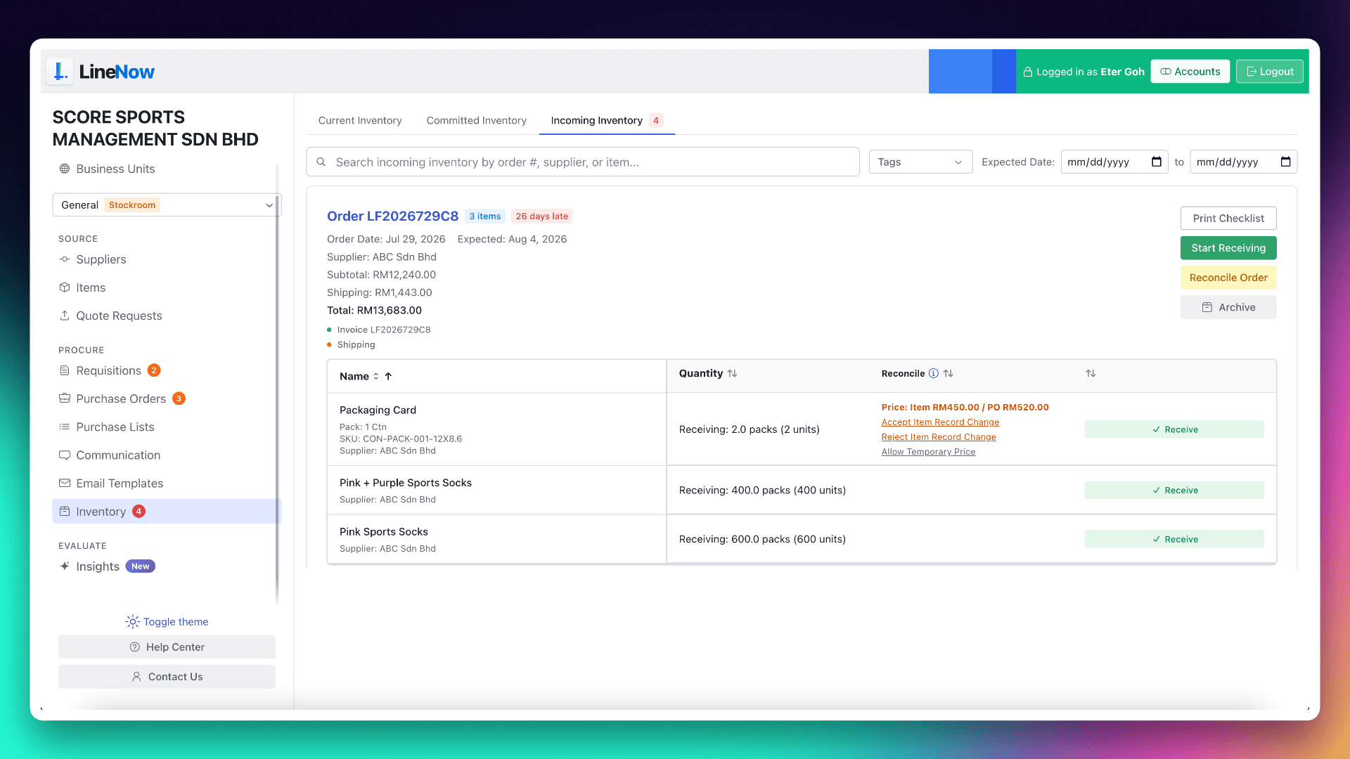LineNow receiving workspace showing incoming orders and delivery records