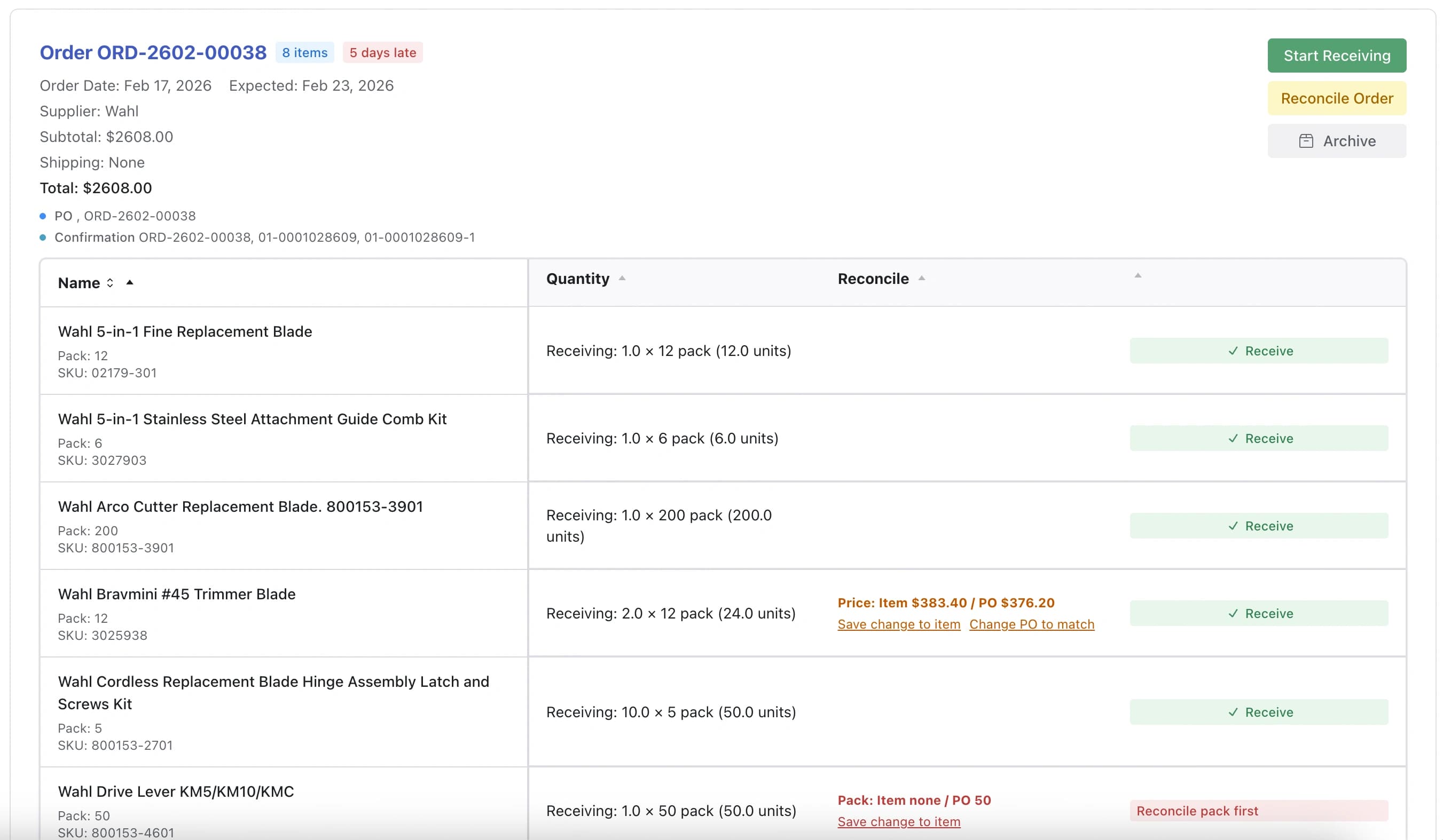 LineNow receiving with supplier confirmed order state