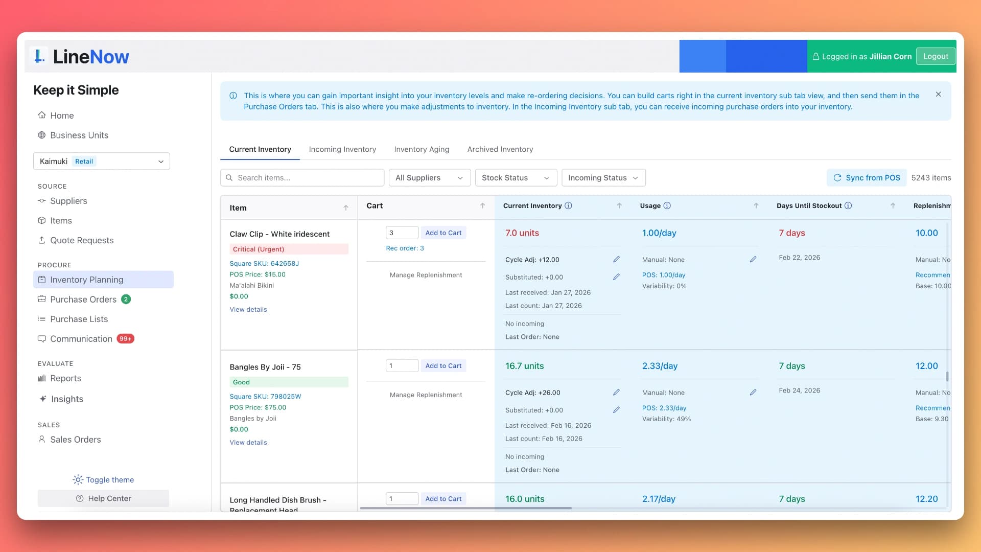LineNow inventory view with smart stock tags