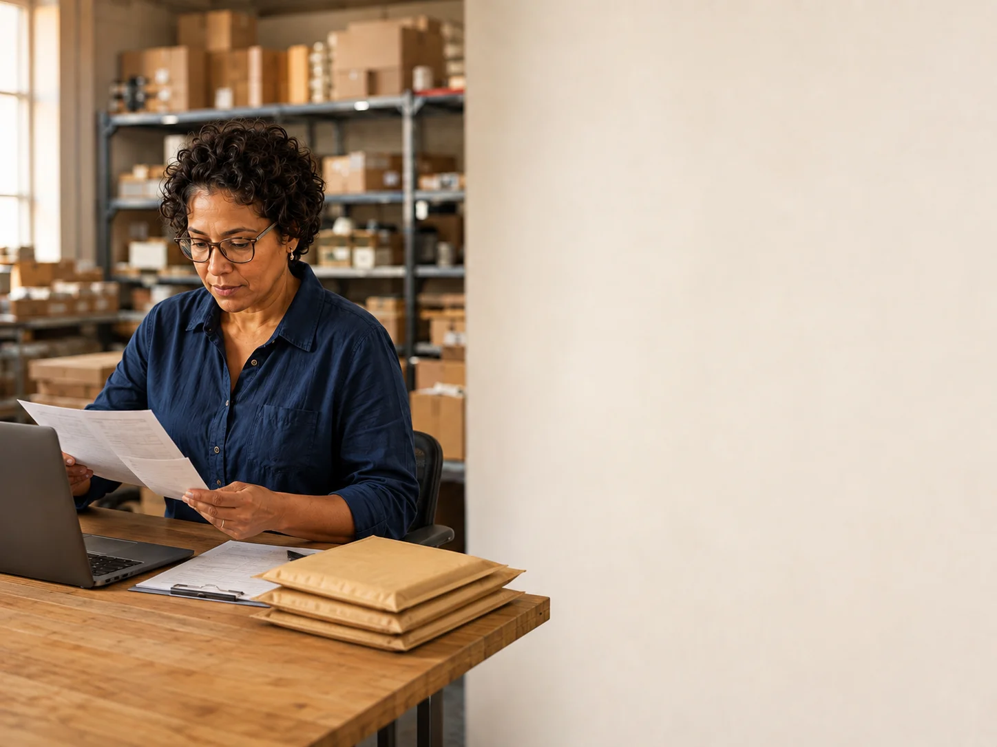 The finance lead reviewing the delivery paperwork and bill at a warehouse office desk