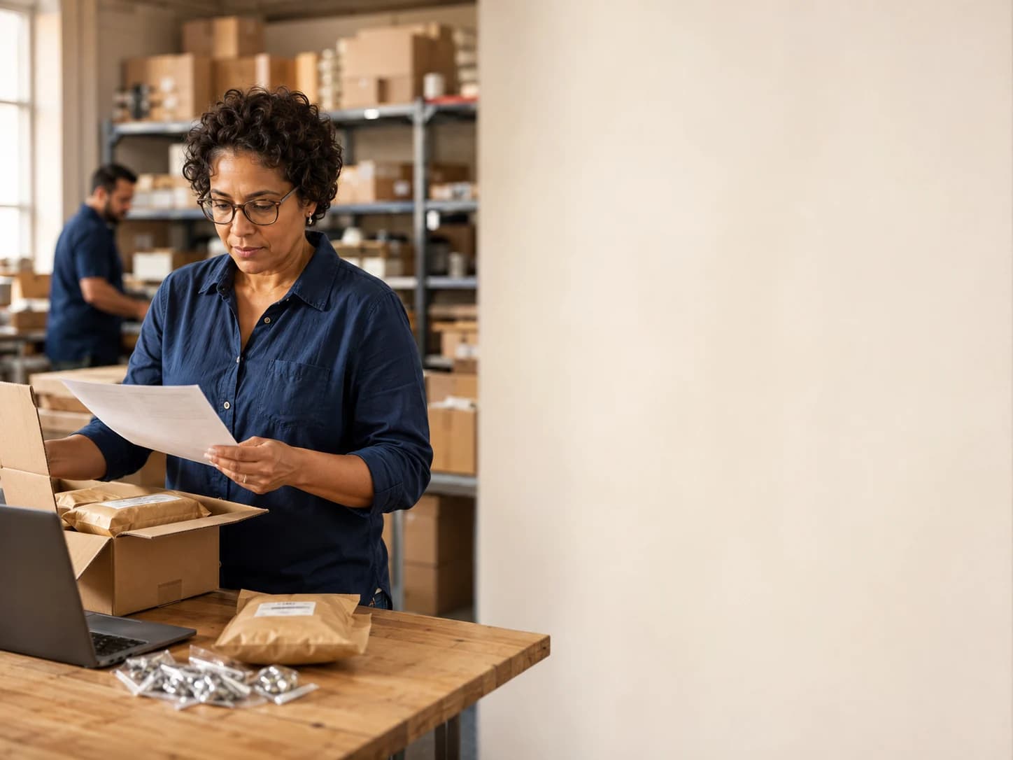Finance and operations lead reviewing a packing-supply delivery and its paperwork