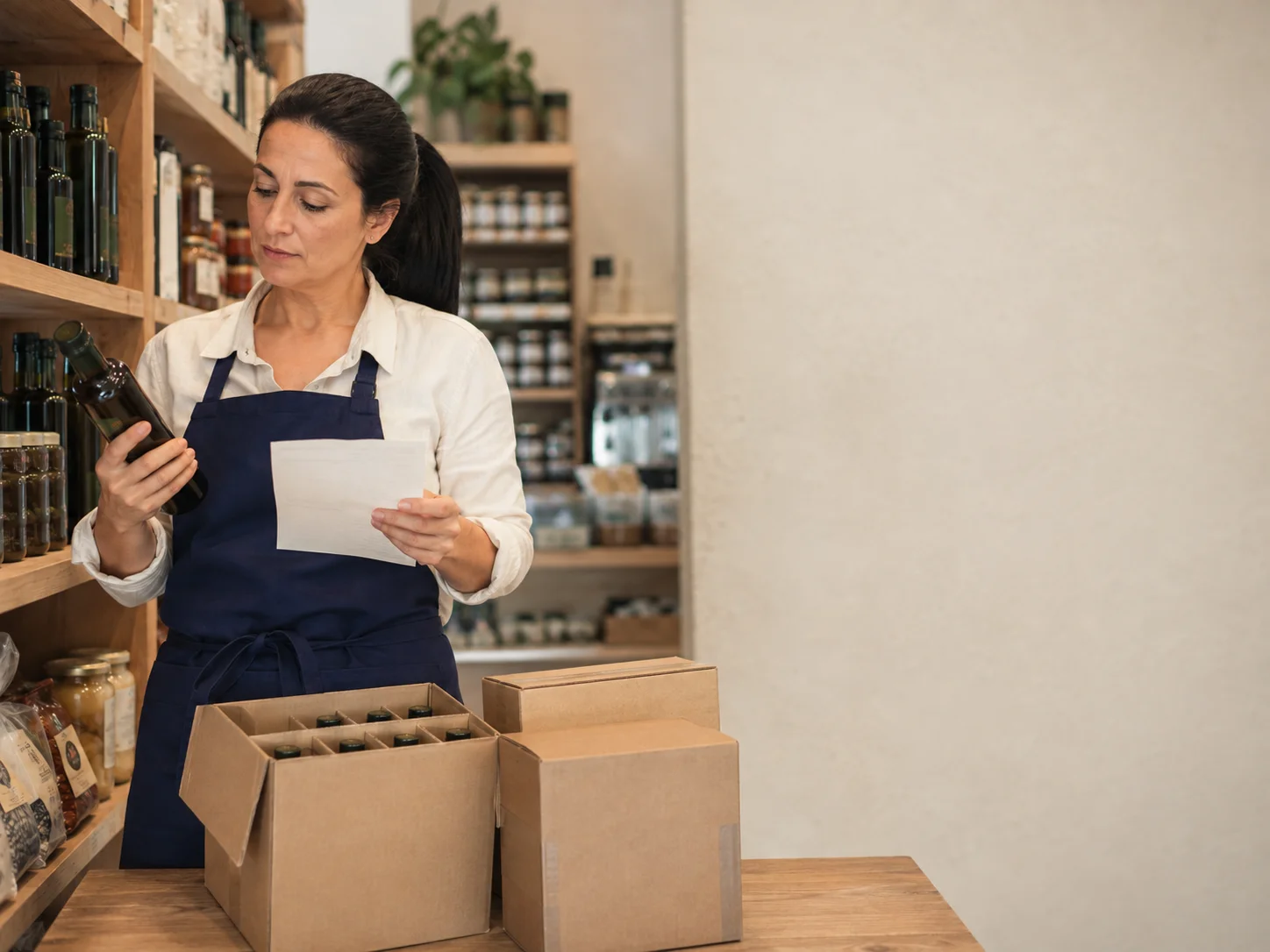 The shop buyer checking olive oil cases during a partial delivery