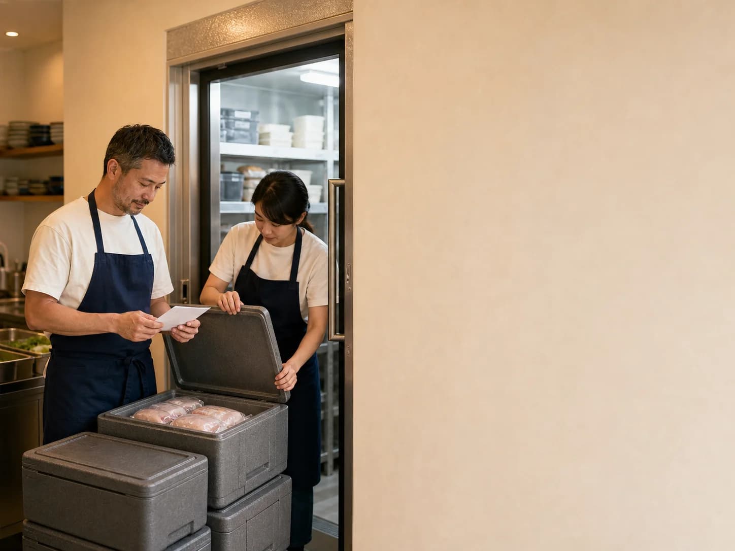 Kitchen team checking an ingredient delivery together