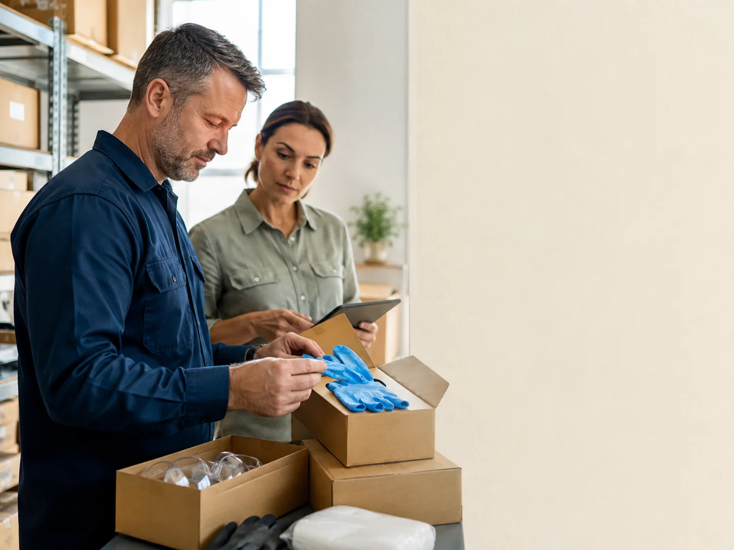 Stockroom team checking supplies before placing a supplier order